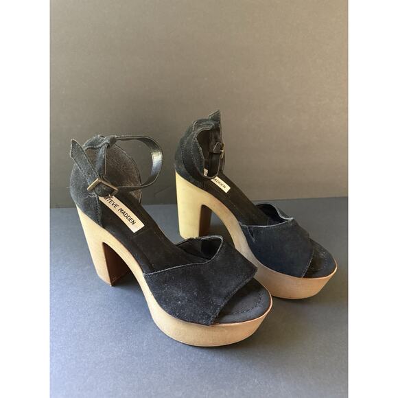 Steve Madden Lulla Platform Sandal Suede Black Leather Size Casual Boho Chunky - Picture 3 of 8